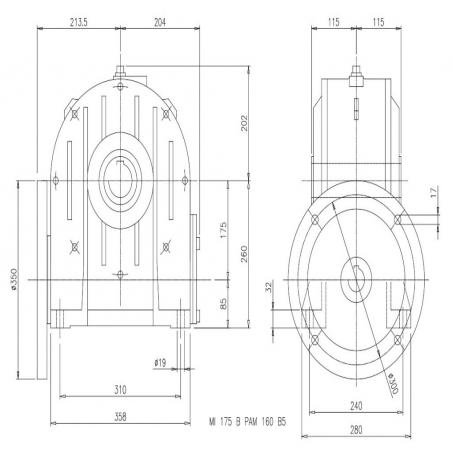SITI  MI 175B 20/1 PAM42/350 Uitgaande holle as d 60H7 Montage pos. standaard conform documentatie