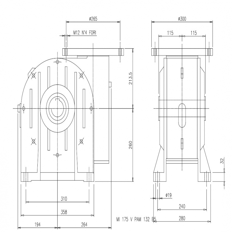 SITI  MI 175V 50/1 PAM38/300 Uitgaande holle as d 60H7 Montage pos. standaard conform documentatie